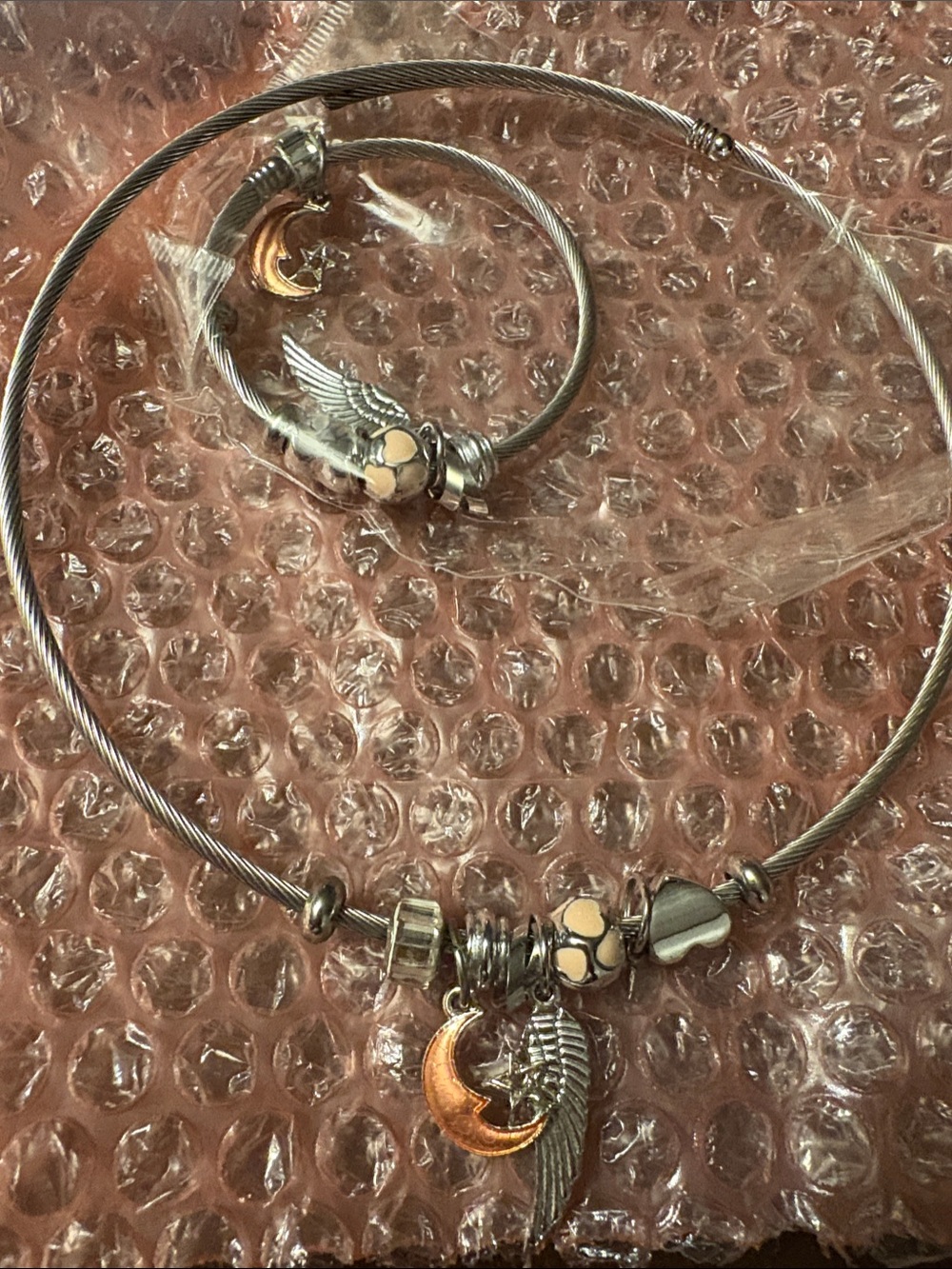 Pandora Two-Tone Wing & Moon Charm Necklace in Silver and Rose Gold